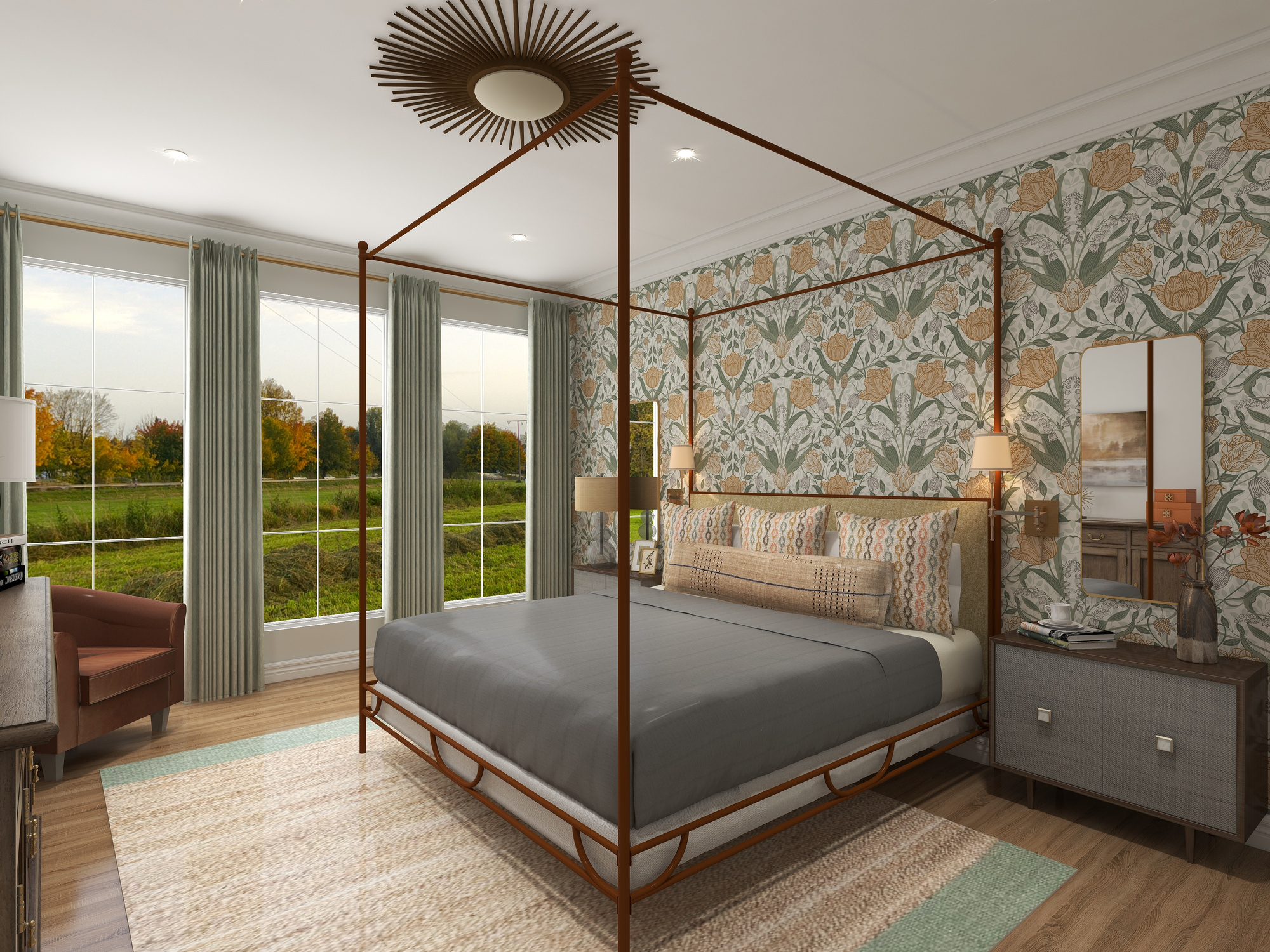 A warm and inviting bedroom with a four poster bed, intriguing wallpaper, and large picturesque windows.